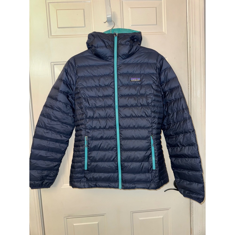 Patagonia Womens Down Sweater Hoody Navy Blue Teal Puffer Jacket 84711 Size M